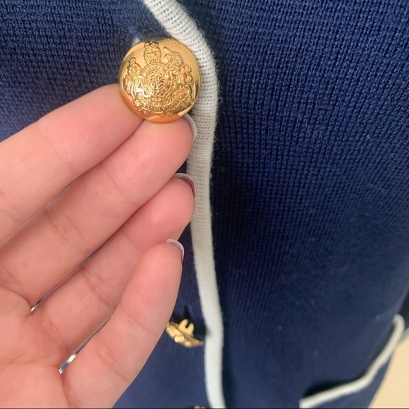 VTG LAUREN RALPH LAUREN Womens Merino Wool Cardi Jacket size M Navy Gold Crest. - Picture 2 of 16